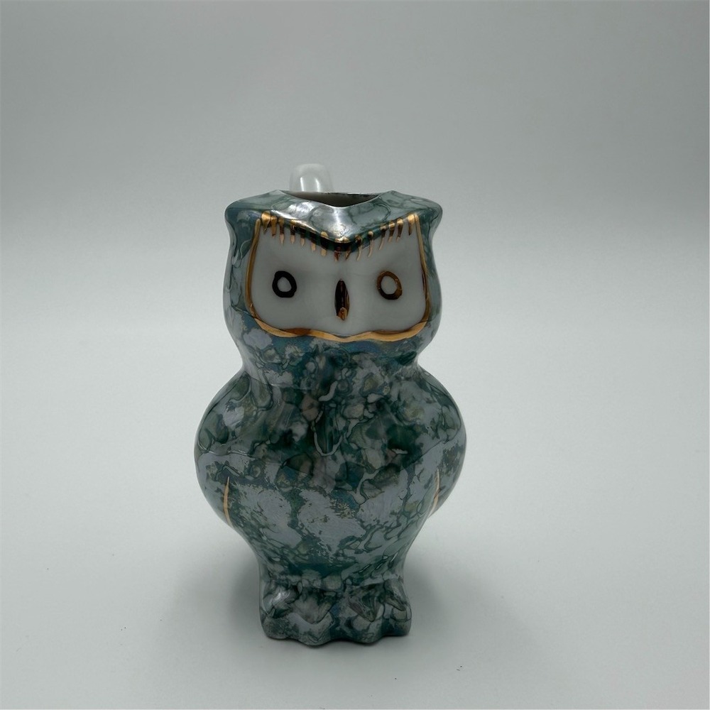 Vintage Owl‎ Creamer Pitcher Green Marbleized Glaze Gold Trim Souvenir